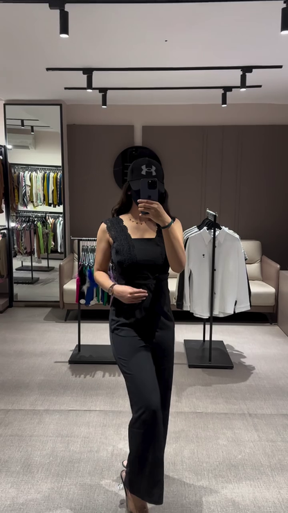 Stylish Blue Jumpsuit with Lace Detail and Wide Legs