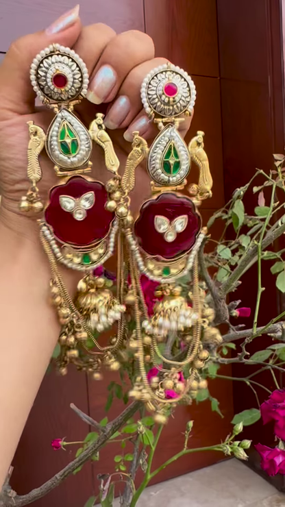 Opulent Gold-Toned Jhumka Earrings with Kundan, Gemstones, and Pearl Details