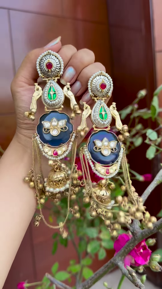 Opulent Gold-Toned Jhumka Earrings with Kundan, Gemstones, and Pearl Details