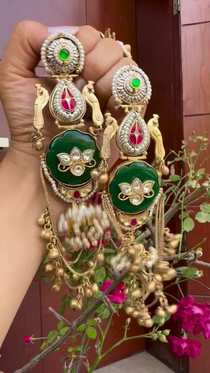 Opulent Gold-Toned Jhumka Earrings with Kundan, Gemstones, and Pearl Details