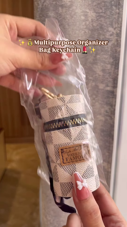 Compact Cylinder Keychain Bag with Zipper and Decorative Scarf