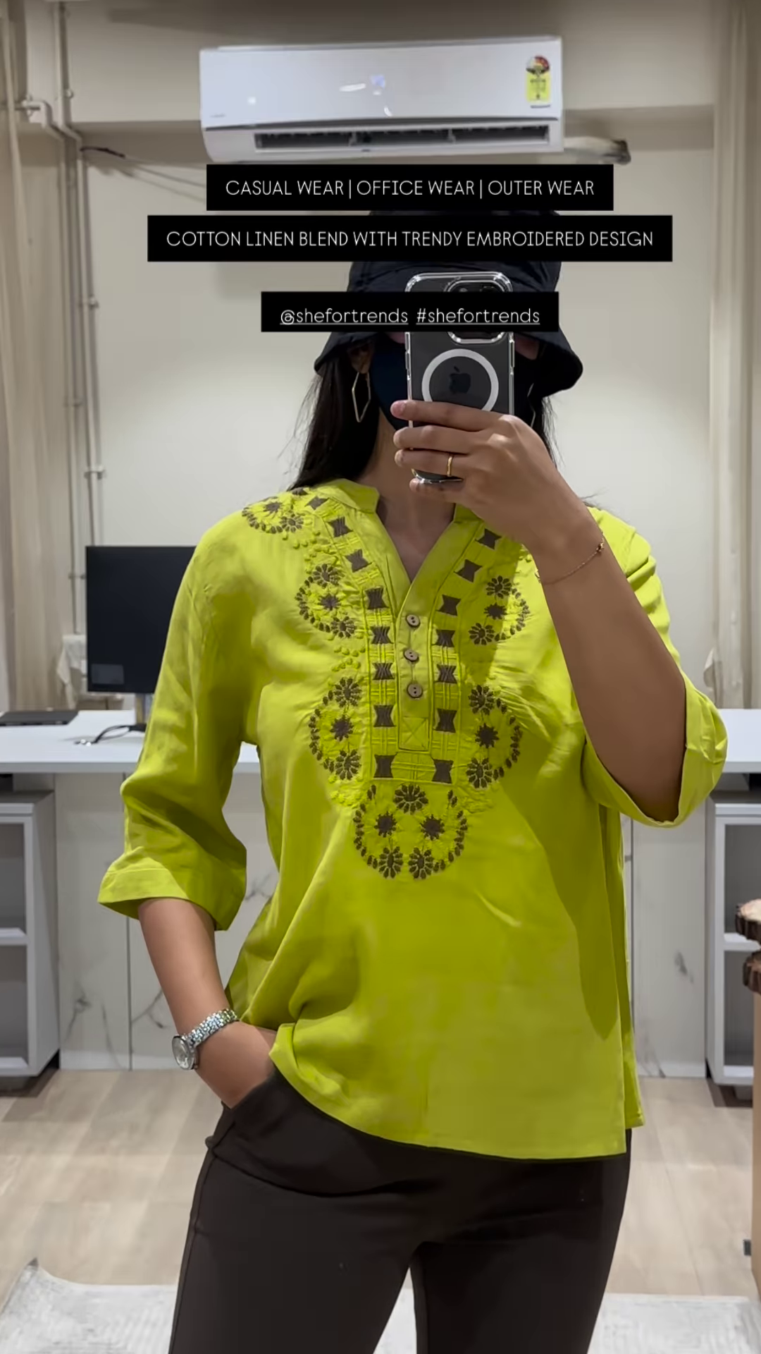 Trendy Embroidered Cotton Linen Blend Top for Casual, Office, and Outer Wear