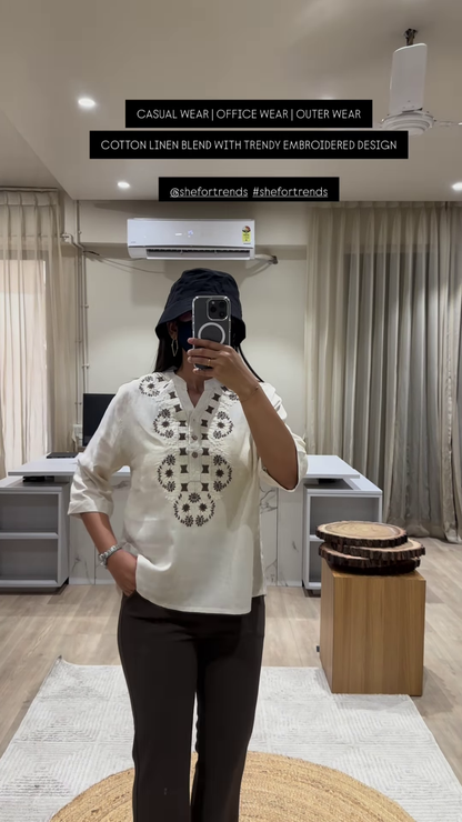 Trendy Embroidered Cotton Linen Blend Top for Casual, Office, and Outer Wear