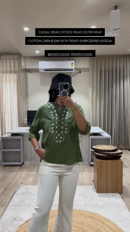 Trendy Embroidered Cotton Linen Blend Top for Casual, Office, and Outer Wear