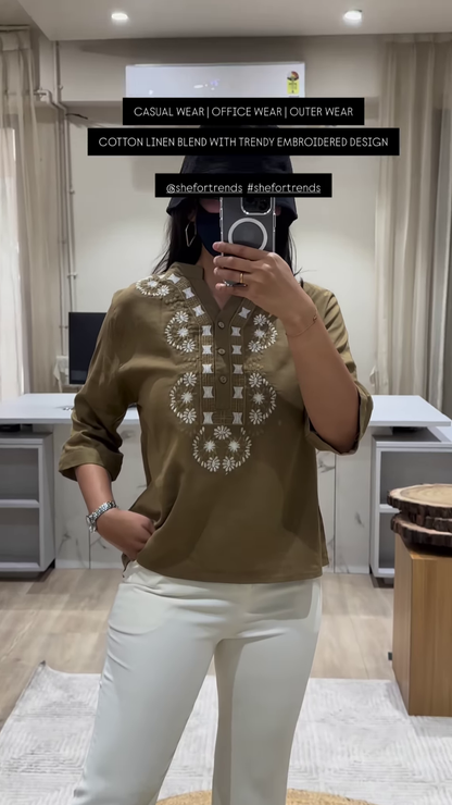 Trendy Embroidered Cotton Linen Blend Top for Casual, Office, and Outer Wear