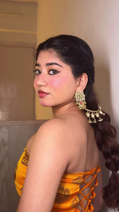 Elegant Gold-Toned Ear Chains (Kaan Chains/Mattals) with Floral Design and Pearl Drops