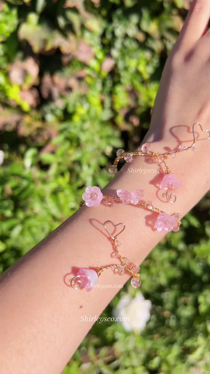 Whimsical Fairy Hand Bracelet with Butterfly, Flowers, and Crystal Beads