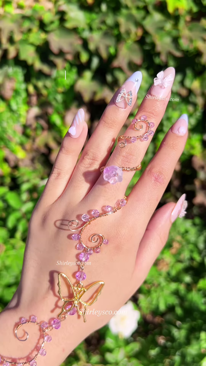 Whimsical Fairy Hand Bracelet with Butterfly, Flowers, and Crystal Beads
