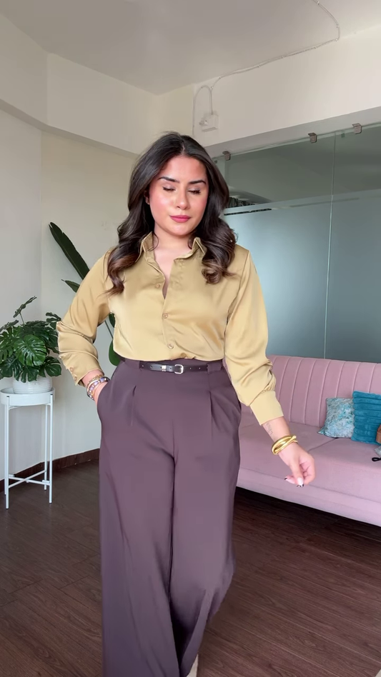 Elegant Satin Blouse with Twisted Front Detail and Long Sleeves