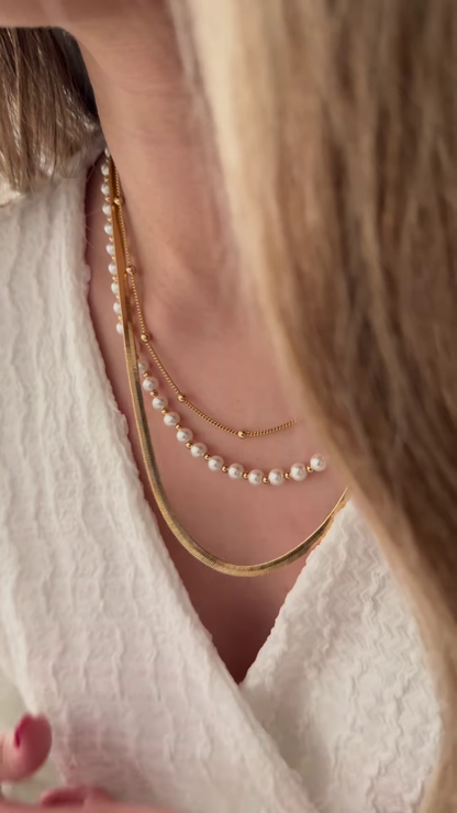 Elegant Layered Gold-Toned Necklace Set with Herringbone Chain and Pearl Strands