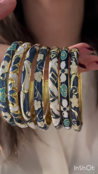 Set of Six Vintage-Inspired Enamel Bangles with Floral and Geometric Designs