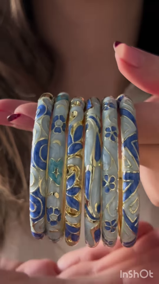 Set of Six Vintage-Inspired Enamel Bangles with Floral and Geometric Designs