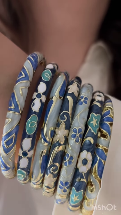 Set of Six Vintage-Inspired Enamel Bangles with Floral and Geometric Designs