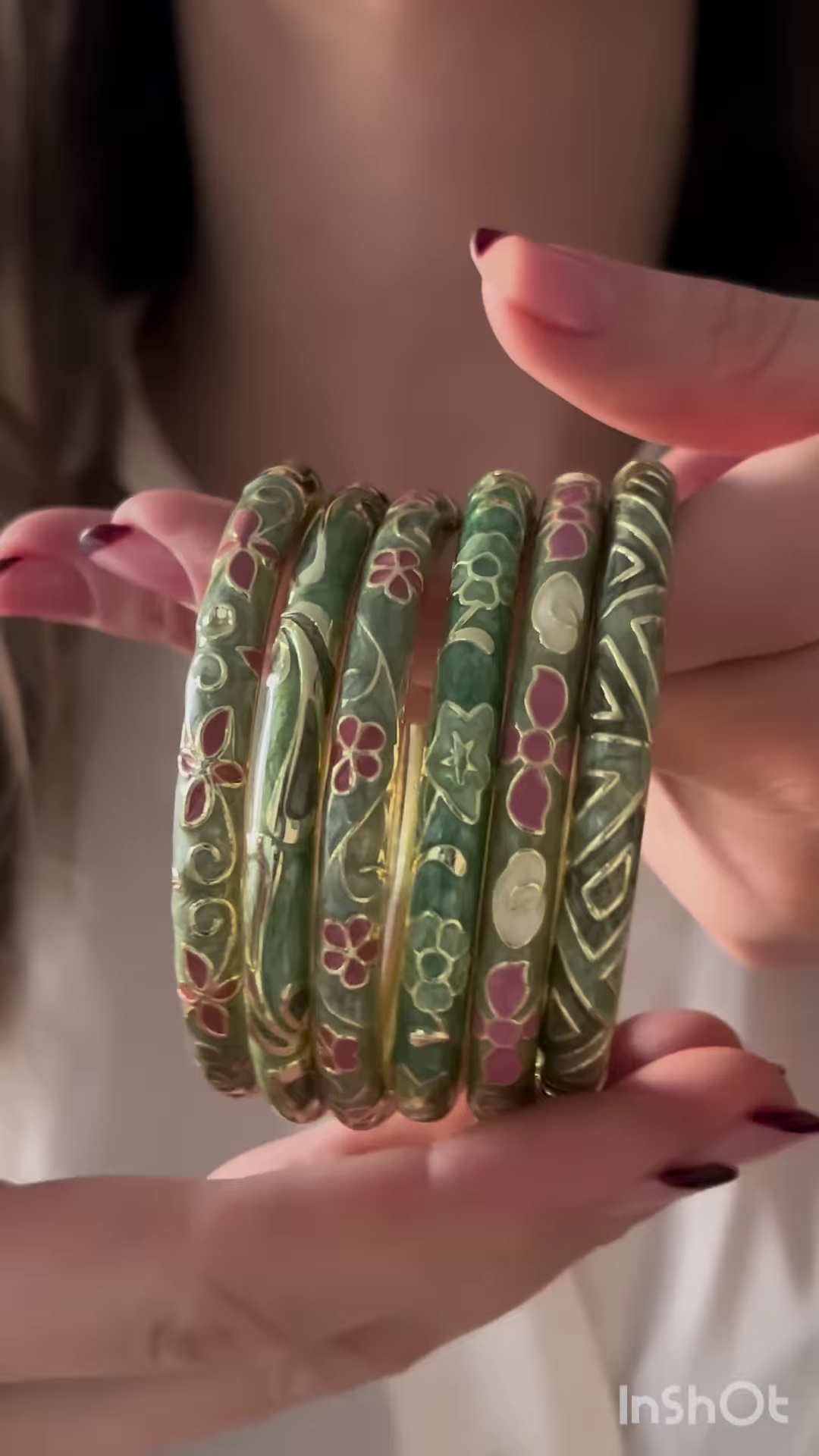 Set of Six Vintage-Inspired Enamel Bangles with Floral and Geometric Designs