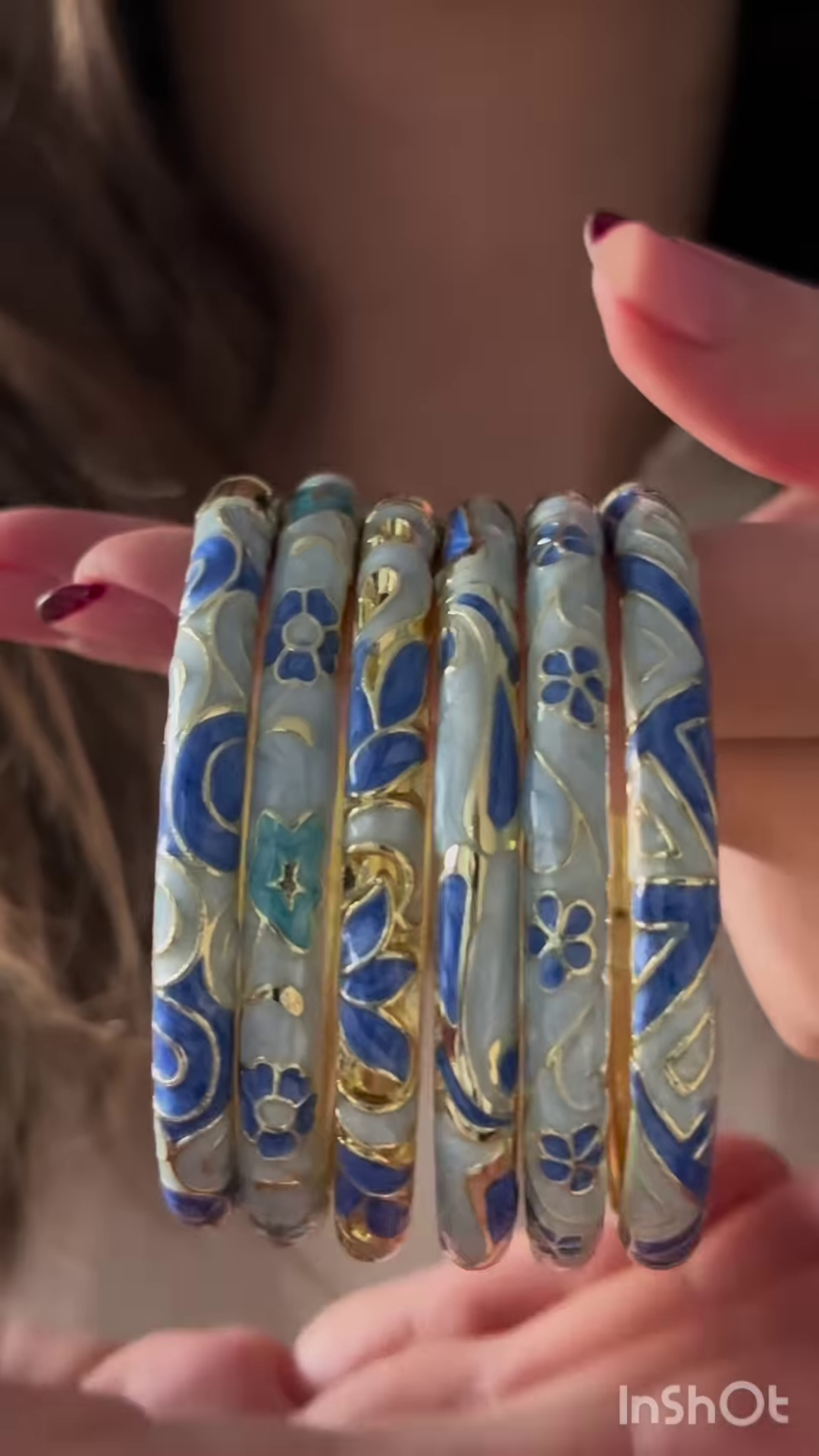 Set of Six Vintage-Inspired Enamel Bangles with Floral and Geometric Designs