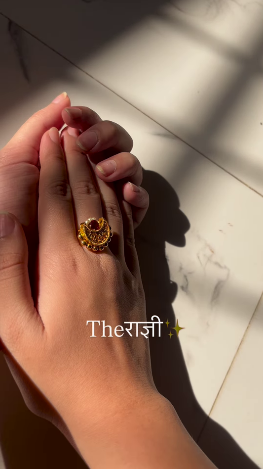 Ornate Gold-Toned Adjustable Ring with Ruby, Pearl, and Intricate Filigree