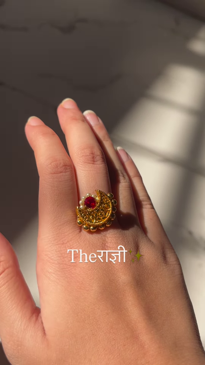 Ornate Gold-Toned Adjustable Ring with Ruby, Pearl, and Intricate Filigree
