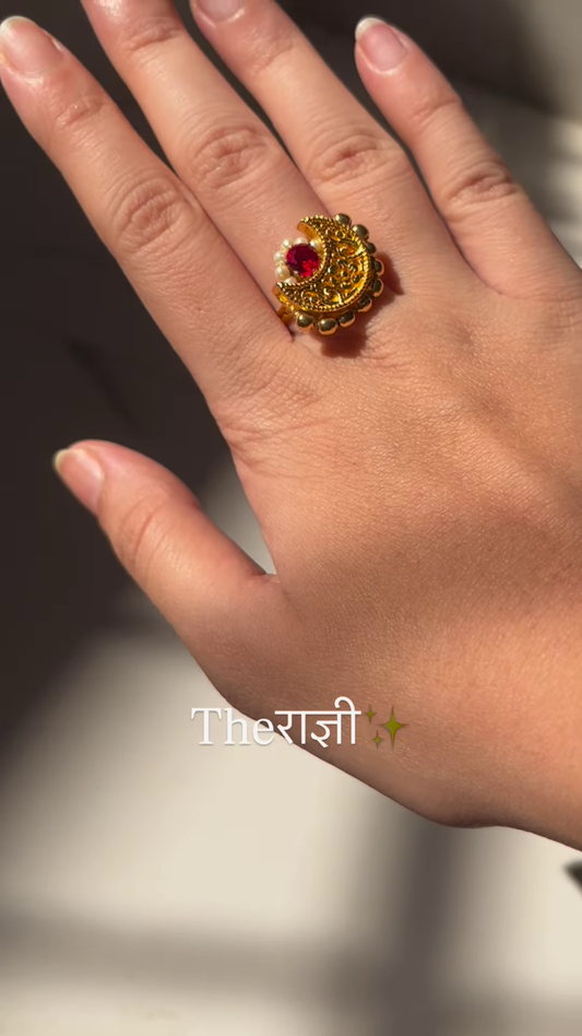 Ornate Gold-Toned Adjustable Ring with Ruby, Pearl, and Intricate Filigree