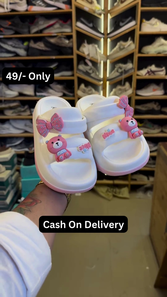 Cute White Kids' Slides with Pink Bear and Bow Accents