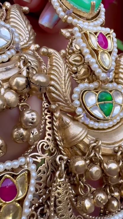 Elaborate Gold-Toned Chandbali Jhumka Earrings with Gemstones and Kashmiri Chains