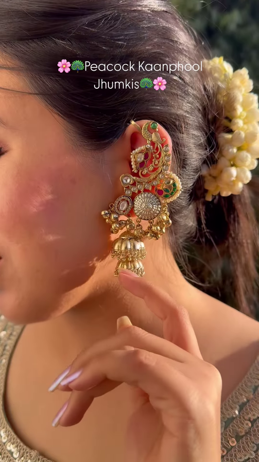 Exquisite Peacock Kaanphool Jhumki Earrings with Kundan and Enamel