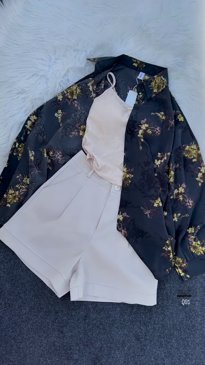 Floral Print Long-Sleeved Shirt with Tank Top and High-Waisted Shorts Set