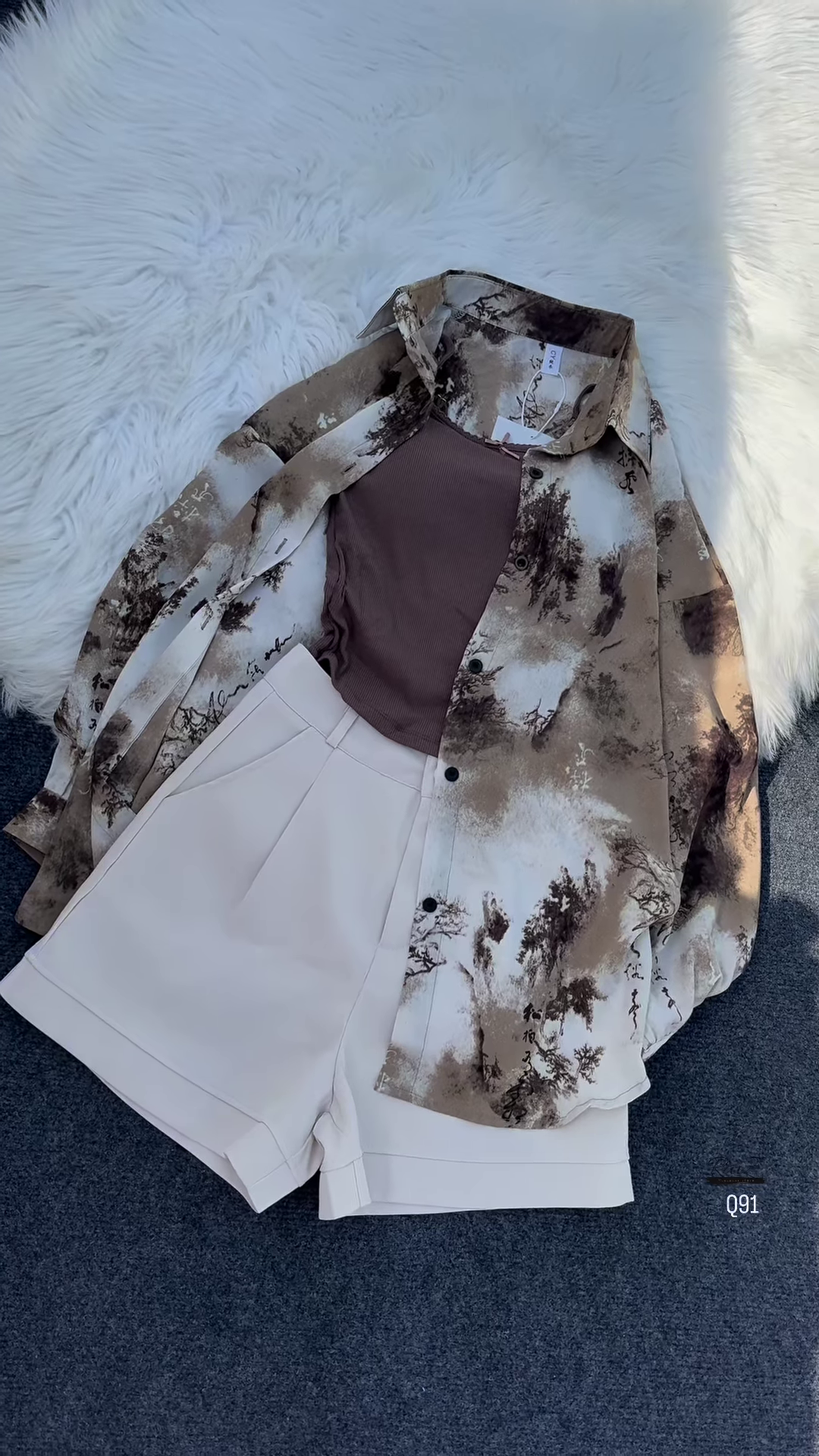 Floral Print Long-Sleeved Shirt with Tank Top and High-Waisted Shorts Set