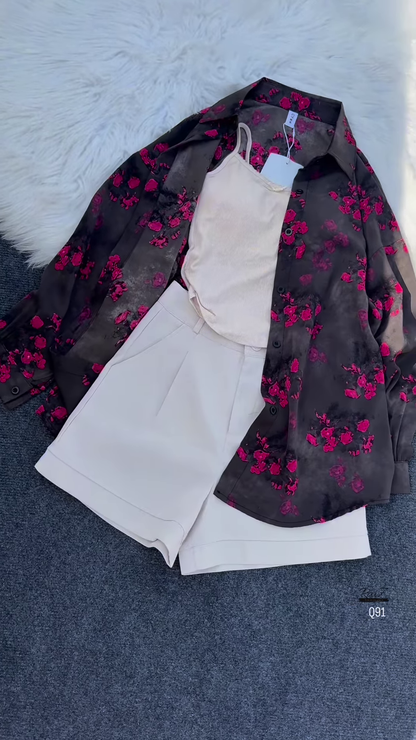 Floral Print Long-Sleeved Shirt with Tank Top and High-Waisted Shorts Set