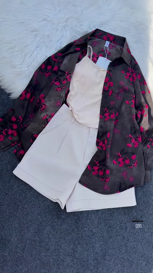 Floral Print Long-Sleeved Shirt with Tank Top and High-Waisted Shorts Set