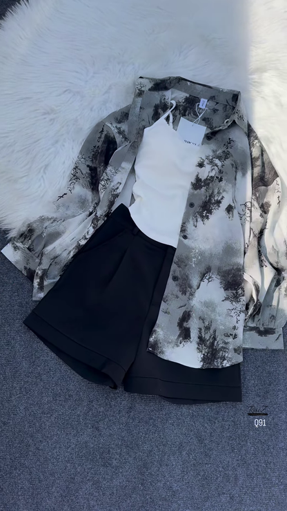 Floral Print Long-Sleeved Shirt with Tank Top and High-Waisted Shorts Set