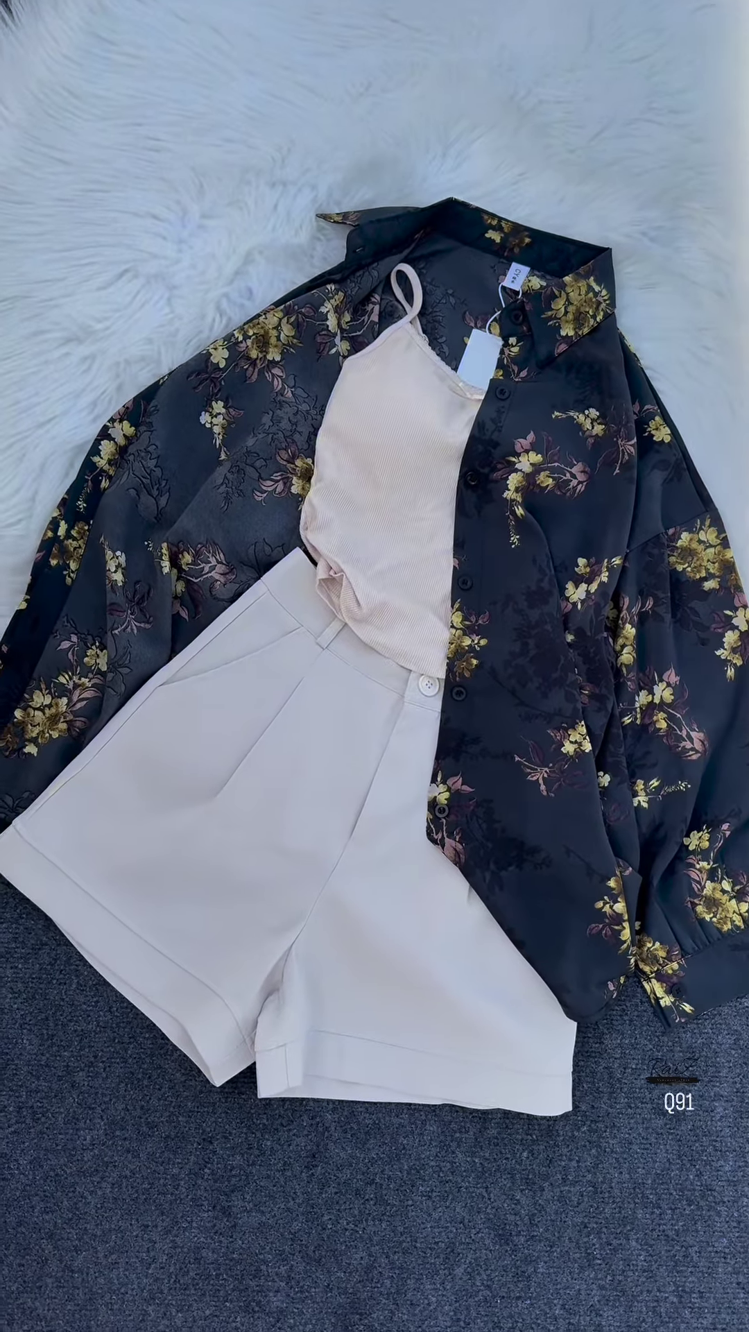 Floral Print Long-Sleeved Shirt with Tank Top and High-Waisted Shorts Set