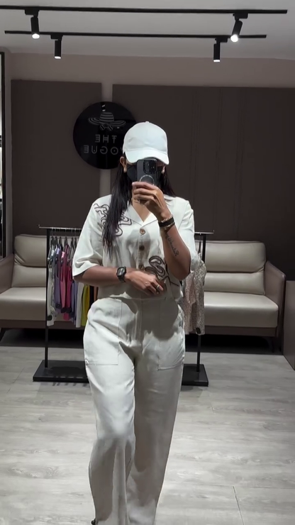 Relaxed Fit Linen Blend Two-Piece Set with Cropped Top and Wide-Leg Pants