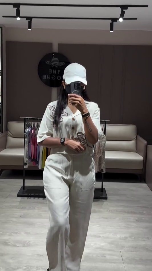 Relaxed Fit Linen Blend Two-Piece Set with Cropped Top and Wide-Leg Pants