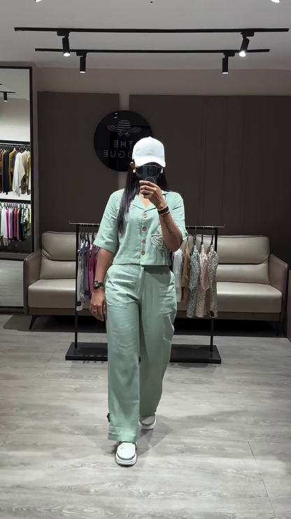 Relaxed Fit Linen Blend Two-Piece Set with Cropped Top and Wide-Leg Pants