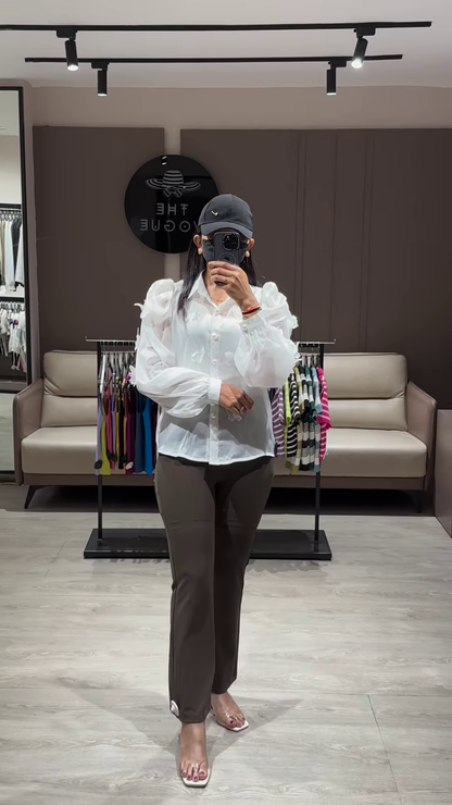 Elegant Sheer White Blouse with Ruffled Sleeves and Button-Down Front