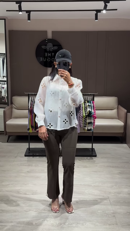 Elegant Sheer White Blouse with Ruffled Sleeves and Button-Down Front