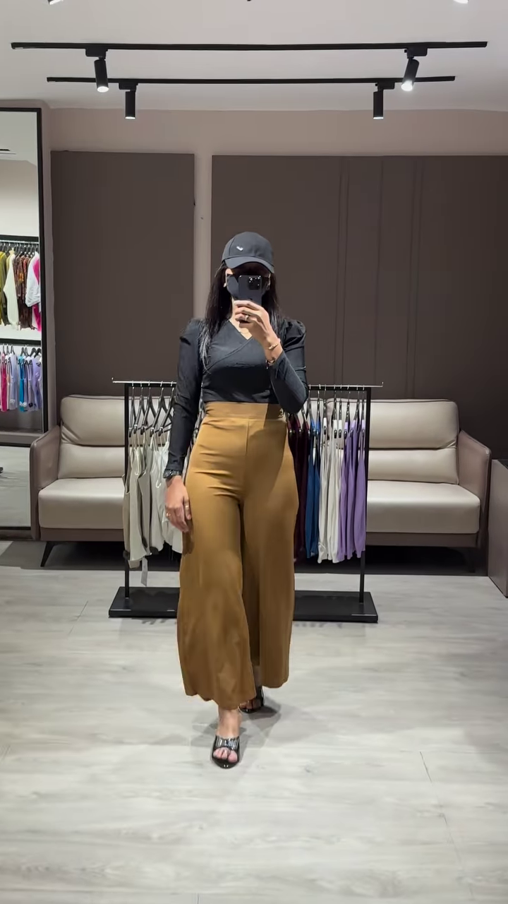 Elegant Ruched Sleeve Top with Deep V-Neck and High-Waisted Wide-Leg Pants
