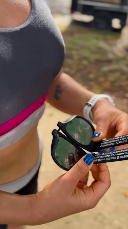 Foldable Sports Sunglasses with Mirrored Red Lenses and Secure Wrist Strap