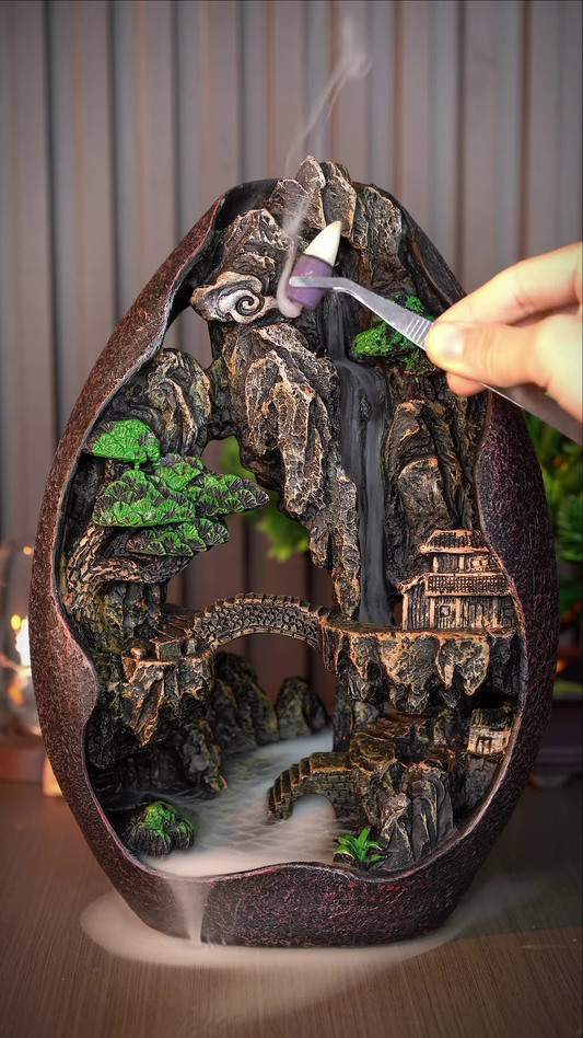 Backflow Incense Burner with Mountain Landscape and Waterfall Effect