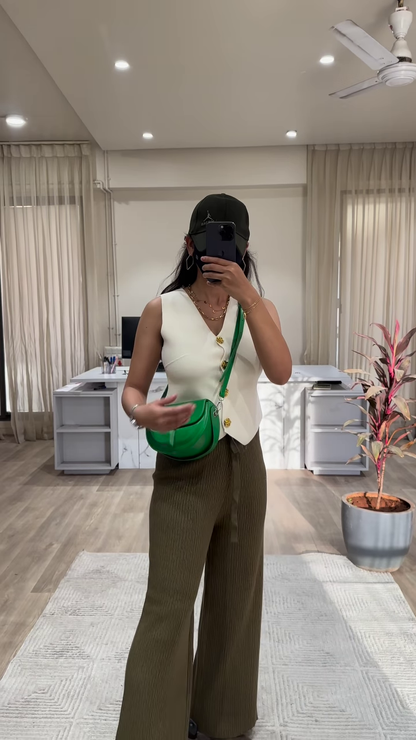 Chic Sleeveless Knit Top with Button Front and Wide-Leg Knit Pants Outfit