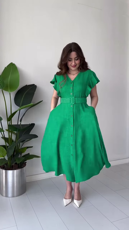 Elegant Light Blue Midi Dress with Ruffle Sleeves, Belt, and Button Front