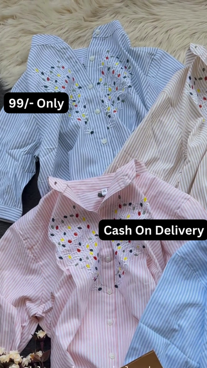 Striped Button-Down Shirt with Colorful Embroidered Collar Detail