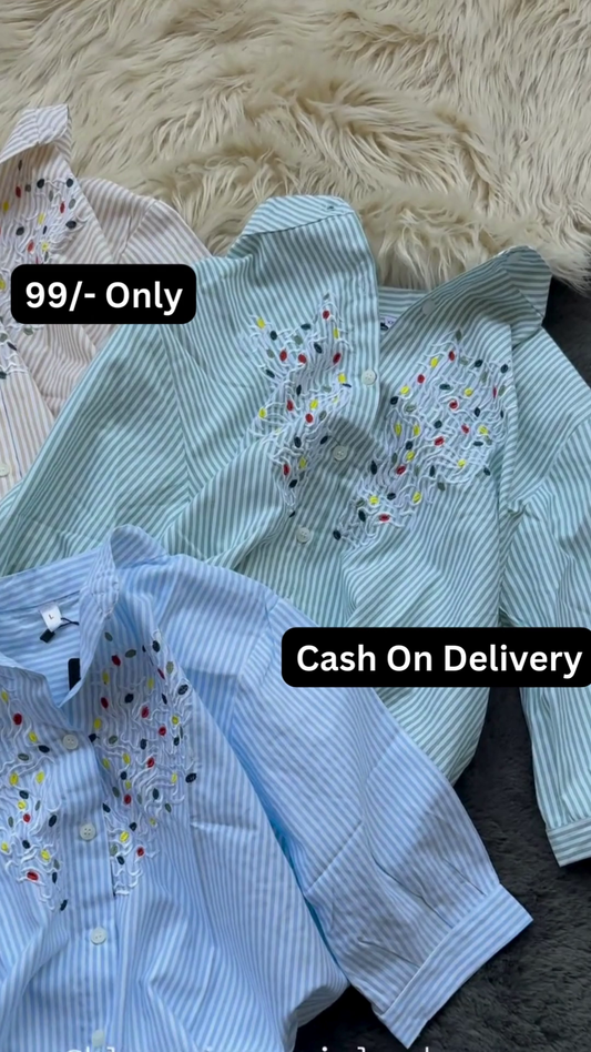 Striped Button-Down Shirt with Colorful Embroidered Collar Detail