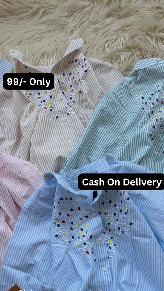 Striped Button-Down Shirt with Colorful Embroidered Collar Detail