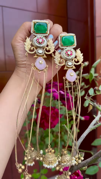 Elaborate Gold-Toned Kashmiri Jhumka Earrings with Gemstones and Chain Dangles