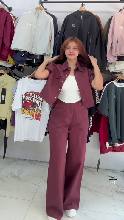 Trendy Light Green Co-ord Set with Cropped Shirt and Wide-Leg Pants