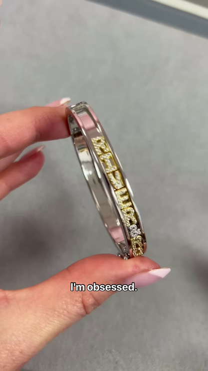 Elegant Silver-Toned Bangle Bracelet with Personalized Inscription and Sparkling Accents