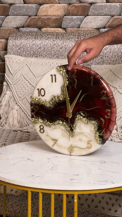 Artistic Resin Wall Clock with Abstract Color Blocking and Metallic Accents