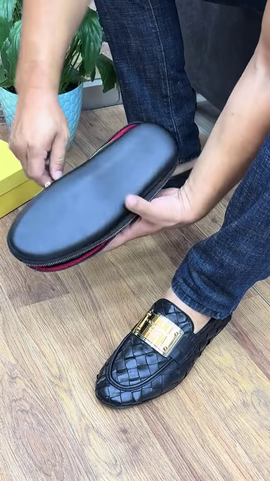 Men’s Woven Leather Loafers with Decorative Metal Buckle