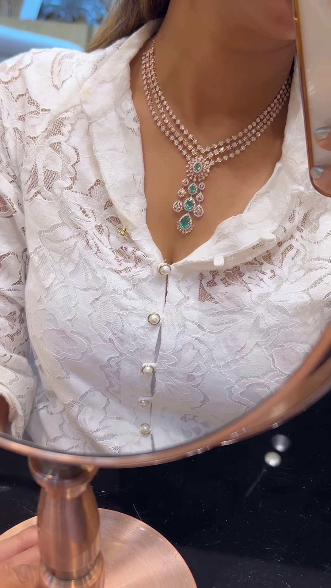 Exquisite Multi-Strand Diamond and Emerald Necklace in Gold Tone